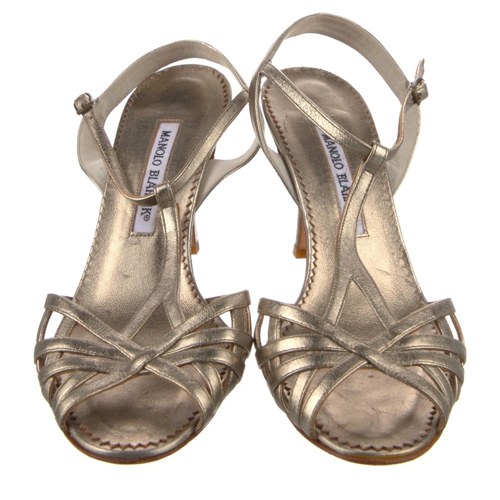 Manolo Blahnik Leather T-Strap Sandals, Size 7, Heel 3.75"